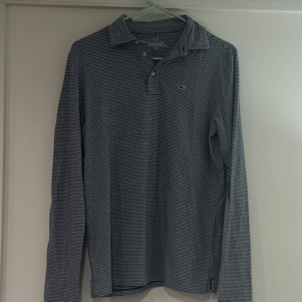 Vineyard Vines Boys XL Navy & White Micro Stripe Edgartown Polo